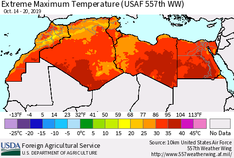 North Africa Maximum Daily Temperature (USAF 557th WW) Thematic Map For 10/14/2019 - 10/20/2019