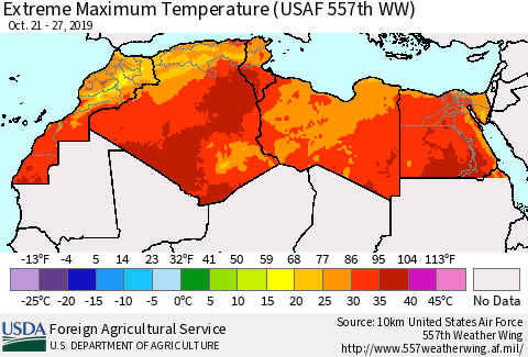 North Africa Maximum Daily Temperature (USAF 557th WW) Thematic Map For 10/21/2019 - 10/27/2019