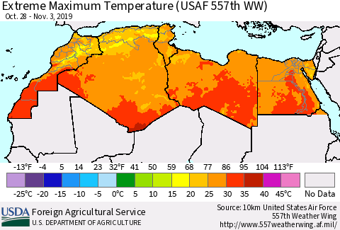 North Africa Maximum Daily Temperature (USAF 557th WW) Thematic Map For 10/28/2019 - 11/3/2019