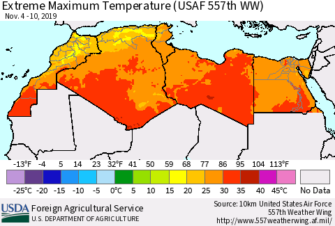 North Africa Maximum Daily Temperature (USAF 557th WW) Thematic Map For 11/4/2019 - 11/10/2019