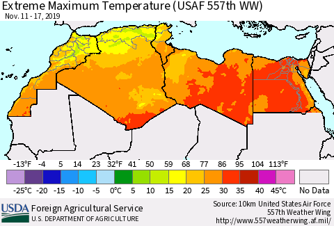 North Africa Maximum Daily Temperature (USAF 557th WW) Thematic Map For 11/11/2019 - 11/17/2019