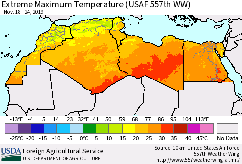 North Africa Maximum Daily Temperature (USAF 557th WW) Thematic Map For 11/18/2019 - 11/24/2019