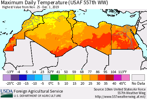 North Africa Maximum Daily Temperature (USAF 557th WW) Thematic Map For 11/25/2019 - 12/1/2019