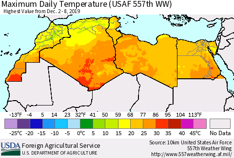 North Africa Maximum Daily Temperature (USAF 557th WW) Thematic Map For 12/2/2019 - 12/8/2019
