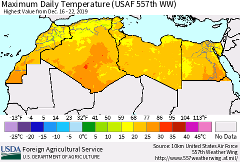 North Africa Maximum Daily Temperature (USAF 557th WW) Thematic Map For 12/16/2019 - 12/22/2019