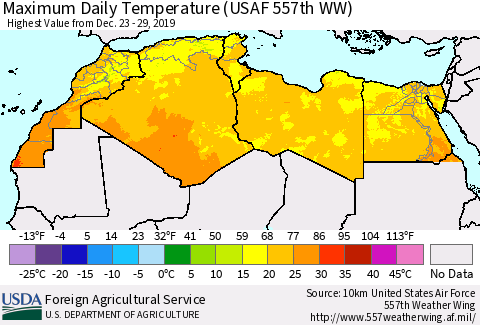North Africa Maximum Daily Temperature (USAF 557th WW) Thematic Map For 12/23/2019 - 12/29/2019