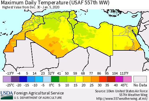 North Africa Maximum Daily Temperature (USAF 557th WW) Thematic Map For 12/30/2019 - 1/5/2020