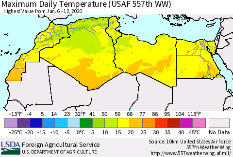 North Africa Maximum Daily Temperature (USAF 557th WW) Thematic Map For 1/6/2020 - 1/12/2020