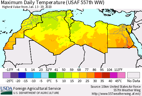 North Africa Maximum Daily Temperature (USAF 557th WW) Thematic Map For 1/13/2020 - 1/19/2020