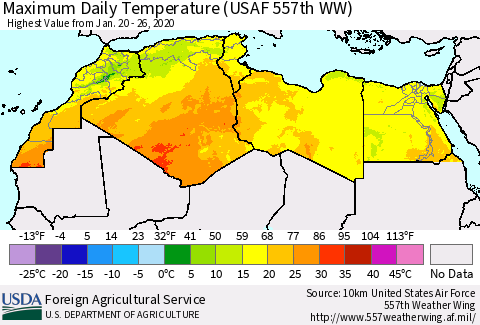 North Africa Maximum Daily Temperature (USAF 557th WW) Thematic Map For 1/20/2020 - 1/26/2020