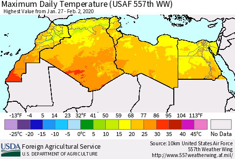 North Africa Maximum Daily Temperature (USAF 557th WW) Thematic Map For 1/27/2020 - 2/2/2020