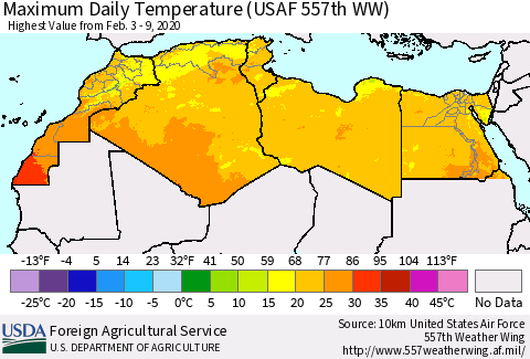 North Africa Maximum Daily Temperature (USAF 557th WW) Thematic Map For 2/3/2020 - 2/9/2020