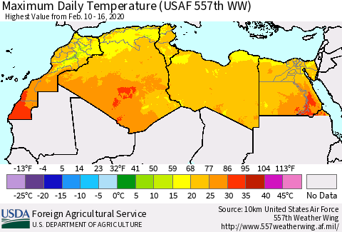 North Africa Maximum Daily Temperature (USAF 557th WW) Thematic Map For 2/10/2020 - 2/16/2020