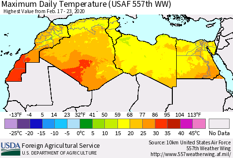 North Africa Maximum Daily Temperature (USAF 557th WW) Thematic Map For 2/17/2020 - 2/23/2020