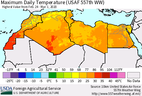 North Africa Maximum Daily Temperature (USAF 557th WW) Thematic Map For 2/24/2020 - 3/1/2020
