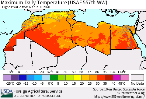 North Africa Maximum Daily Temperature (USAF 557th WW) Thematic Map For 3/2/2020 - 3/8/2020
