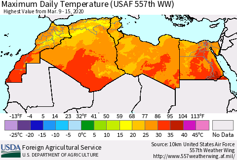 North Africa Maximum Daily Temperature (USAF 557th WW) Thematic Map For 3/9/2020 - 3/15/2020