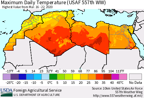 North Africa Maximum Daily Temperature (USAF 557th WW) Thematic Map For 3/16/2020 - 3/22/2020