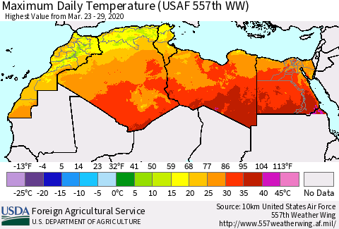 North Africa Maximum Daily Temperature (USAF 557th WW) Thematic Map For 3/23/2020 - 3/29/2020