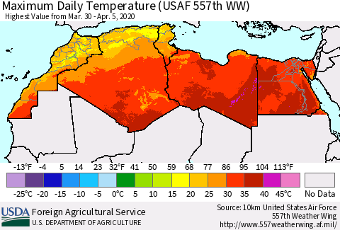 North Africa Maximum Daily Temperature (USAF 557th WW) Thematic Map For 3/30/2020 - 4/5/2020