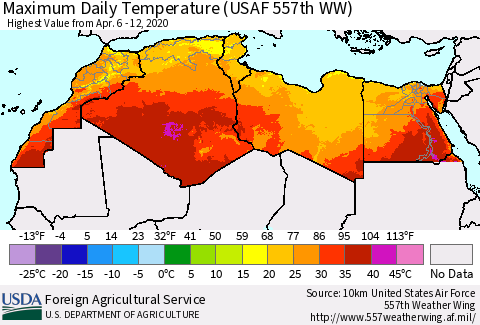 North Africa Maximum Daily Temperature (USAF 557th WW) Thematic Map For 4/6/2020 - 4/12/2020