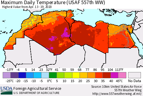 North Africa Maximum Daily Temperature (USAF 557th WW) Thematic Map For 4/13/2020 - 4/19/2020