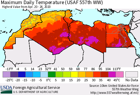North Africa Maximum Daily Temperature (USAF 557th WW) Thematic Map For 4/20/2020 - 4/26/2020
