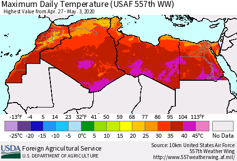 North Africa Maximum Daily Temperature (USAF 557th WW) Thematic Map For 4/27/2020 - 5/3/2020
