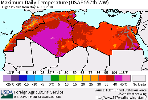 North Africa Maximum Daily Temperature (USAF 557th WW) Thematic Map For 5/4/2020 - 5/10/2020