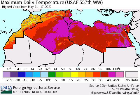 North Africa Maximum Daily Temperature (USAF 557th WW) Thematic Map For 5/11/2020 - 5/17/2020