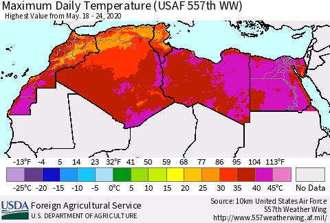 North Africa Maximum Daily Temperature (USAF 557th WW) Thematic Map For 5/18/2020 - 5/24/2020