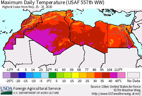 North Africa Maximum Daily Temperature (USAF 557th WW) Thematic Map For 5/25/2020 - 5/31/2020