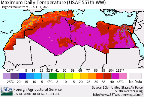 North Africa Maximum Daily Temperature (USAF 557th WW) Thematic Map For 6/1/2020 - 6/7/2020