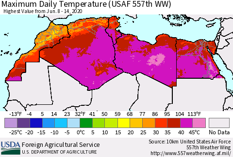 North Africa Maximum Daily Temperature (USAF 557th WW) Thematic Map For 6/8/2020 - 6/14/2020