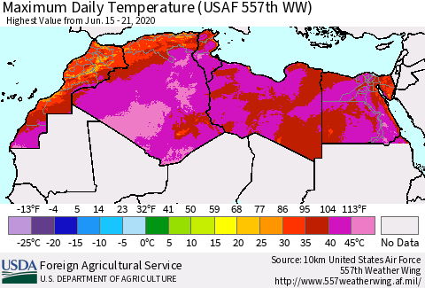 North Africa Maximum Daily Temperature (USAF 557th WW) Thematic Map For 6/15/2020 - 6/21/2020