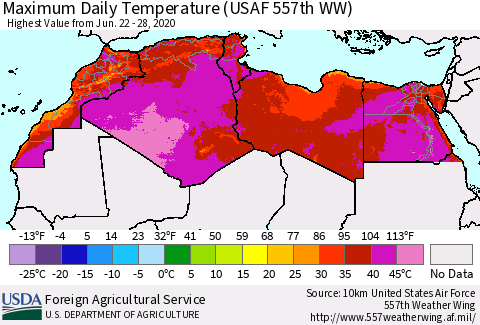 North Africa Maximum Daily Temperature (USAF 557th WW) Thematic Map For 6/22/2020 - 6/28/2020