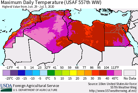 North Africa Maximum Daily Temperature (USAF 557th WW) Thematic Map For 6/29/2020 - 7/5/2020