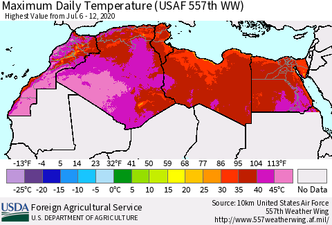 North Africa Maximum Daily Temperature (USAF 557th WW) Thematic Map For 7/6/2020 - 7/12/2020