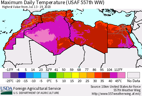North Africa Maximum Daily Temperature (USAF 557th WW) Thematic Map For 7/13/2020 - 7/19/2020