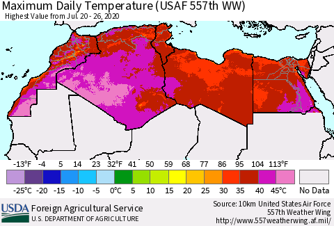 North Africa Maximum Daily Temperature (USAF 557th WW) Thematic Map For 7/20/2020 - 7/26/2020