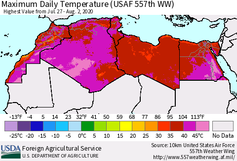 North Africa Maximum Daily Temperature (USAF 557th WW) Thematic Map For 7/27/2020 - 8/2/2020