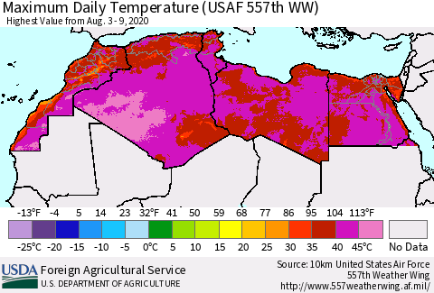North Africa Maximum Daily Temperature (USAF 557th WW) Thematic Map For 8/3/2020 - 8/9/2020