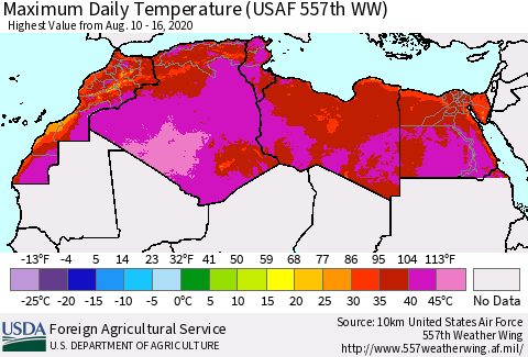 North Africa Maximum Daily Temperature (USAF 557th WW) Thematic Map For 8/10/2020 - 8/16/2020