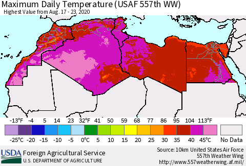 North Africa Maximum Daily Temperature (USAF 557th WW) Thematic Map For 8/17/2020 - 8/23/2020