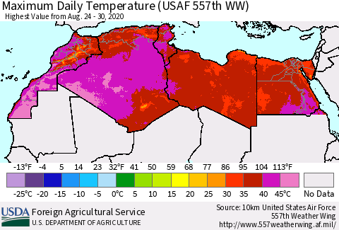 North Africa Maximum Daily Temperature (USAF 557th WW) Thematic Map For 8/24/2020 - 8/30/2020
