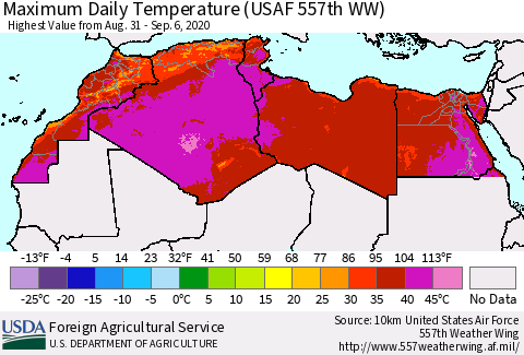 North Africa Maximum Daily Temperature (USAF 557th WW) Thematic Map For 8/31/2020 - 9/6/2020