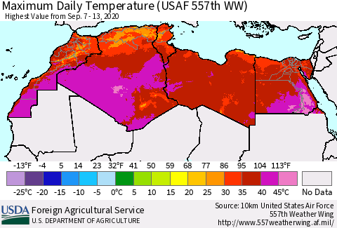 North Africa Maximum Daily Temperature (USAF 557th WW) Thematic Map For 9/7/2020 - 9/13/2020