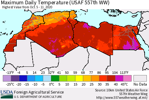 North Africa Maximum Daily Temperature (USAF 557th WW) Thematic Map For 10/5/2020 - 10/11/2020