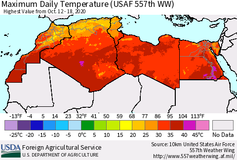 North Africa Maximum Daily Temperature (USAF 557th WW) Thematic Map For 10/12/2020 - 10/18/2020
