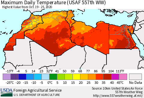 North Africa Maximum Daily Temperature (USAF 557th WW) Thematic Map For 10/19/2020 - 10/25/2020